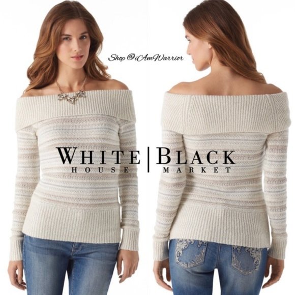 White House Black Market Sweaters - WHBM Ivory Striped Metallic Off Shoulder Sweater